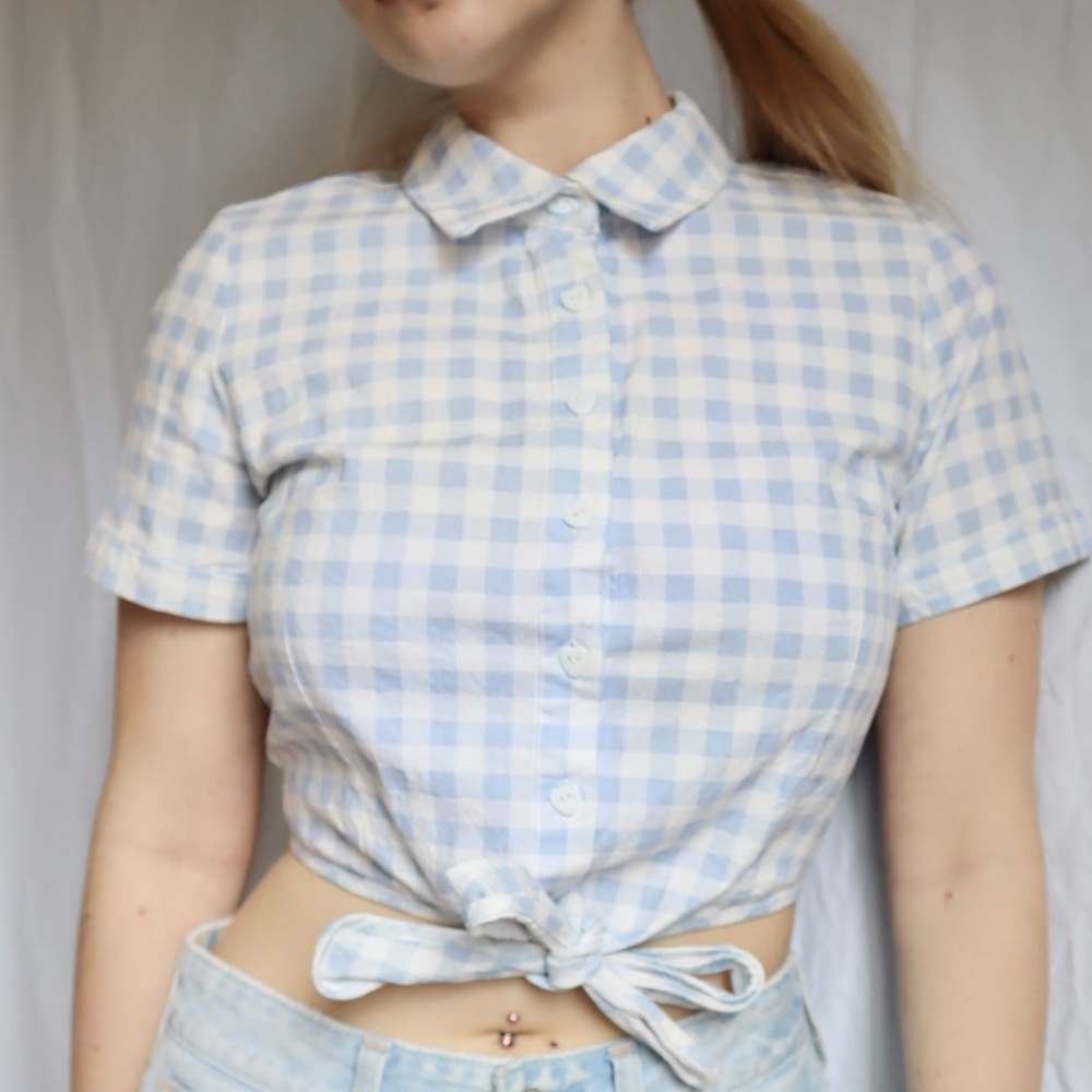 Blue Gingham Collectif Cropped Tied Button Up